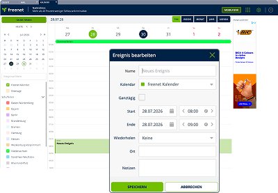 freenet Mail Kalender mit geöffnetem Termin-Dialog